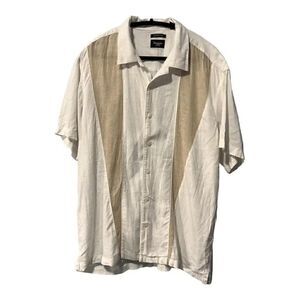Haggar Mens XXL Washable Linen Blend Short Sleeve Button Down Shirt White Tan